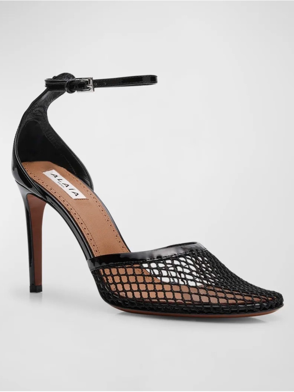 Maison Alaïa - Fishnet Patent Ankle-Strap Black Pumps